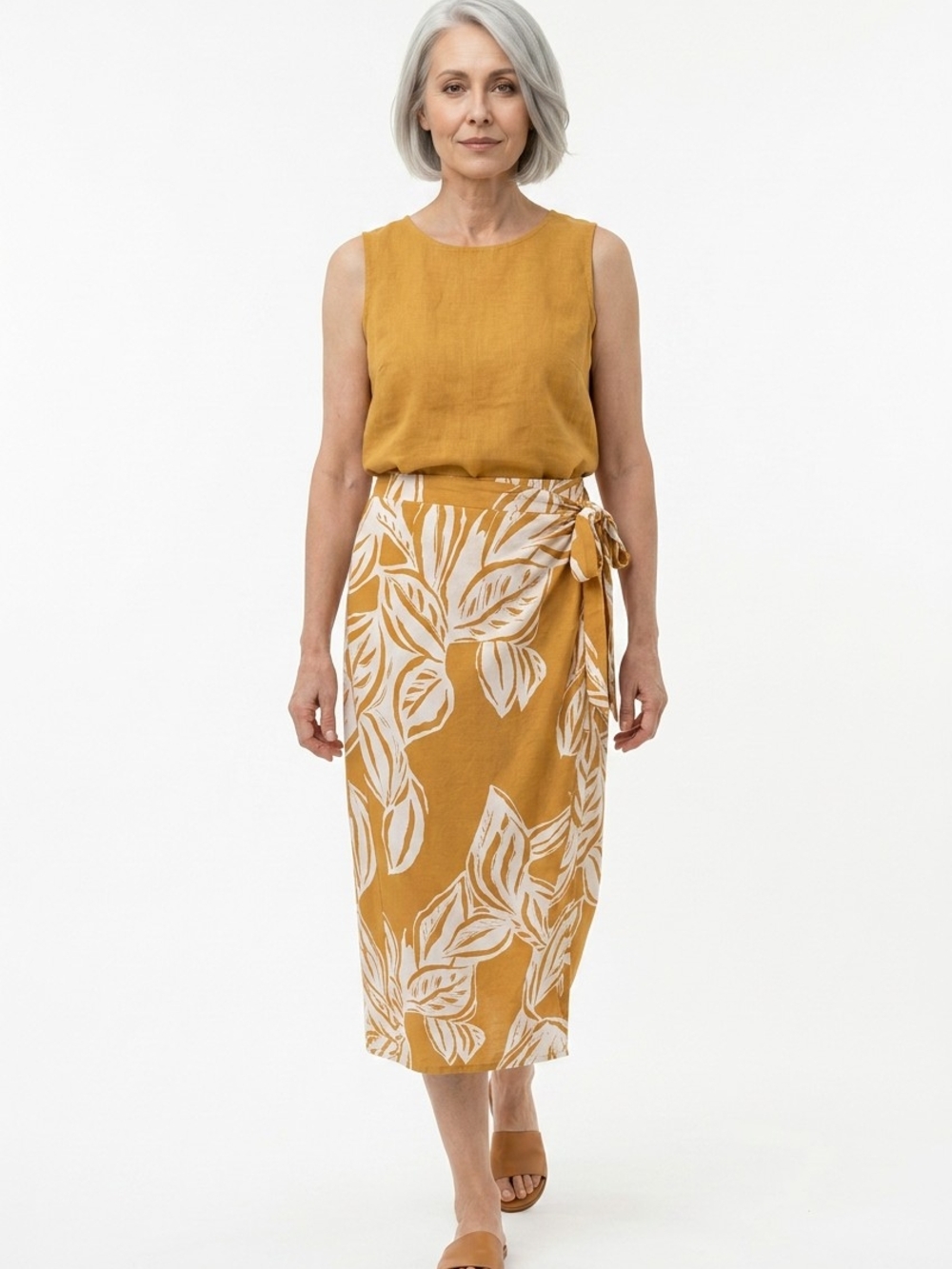 Rachel Zoe Tropical Leaf-Print Wrap Midi Skirt Large Tan Ivory Resort Wear